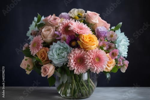 vibrant bouquet of pastel flowers in clear vase, created with generative ai