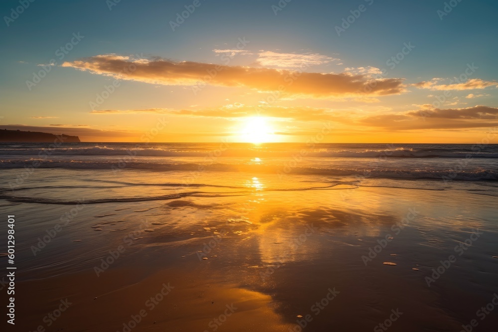 golden beach sunset, with the sun setting over the ocean, reflecting in the water, created with generative ai