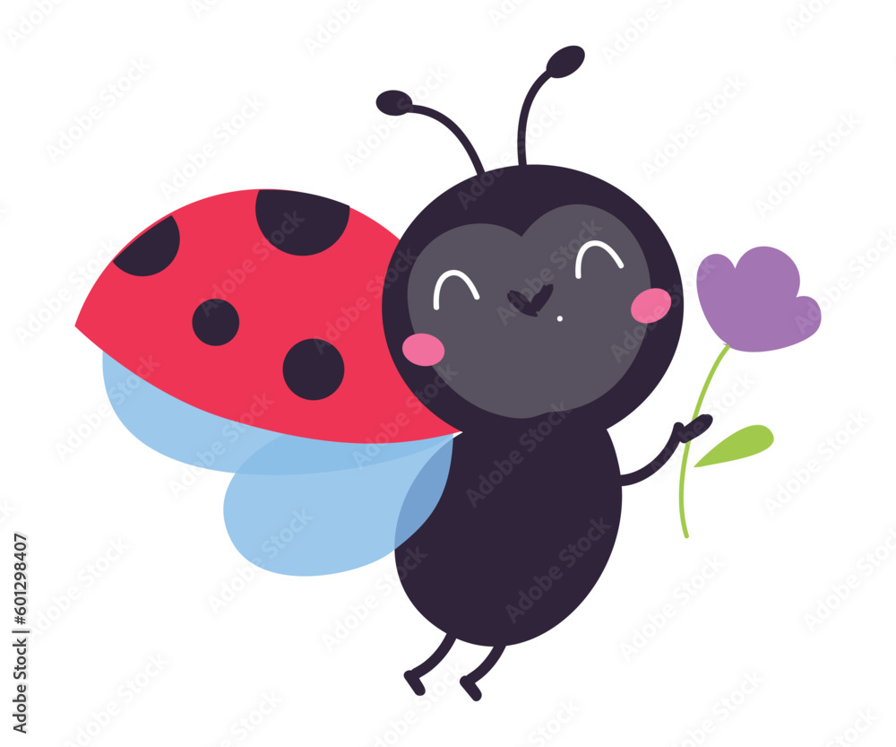 Fototapeta premium Cute flying ladybug. Little winged ladybird insect mascot cartoon vector illustration