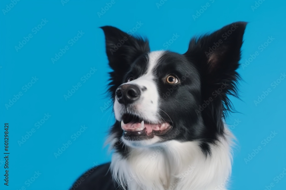 adorable portrait of amazing healthy and happy adult black and white border collie in the photo studio on the blue background