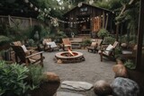 a rustic backyard with lounge chairs, lanterns and fire pit, created with generative ai