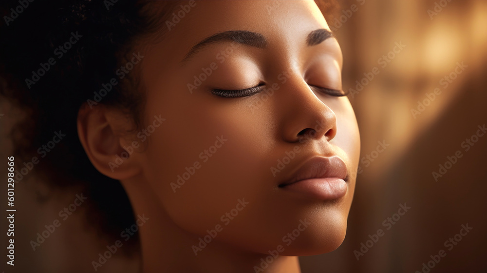 Womans face with their eyes closed, and a serene expression on their face as they focus on their breathing. Generative AI Womans face with their eyes closed, and a serene expression on their face as they focus on their breathing. Generative AI