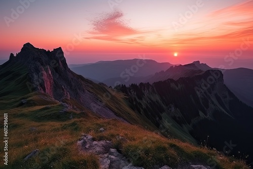majestic mountain landscape with sunrise  pink and orange sky visible above the horizon  created with generative ai
