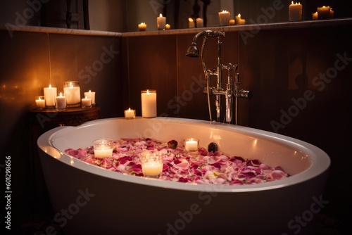 bubbling bath with rose petals and candles for a romantic getaway, created with generative ai
