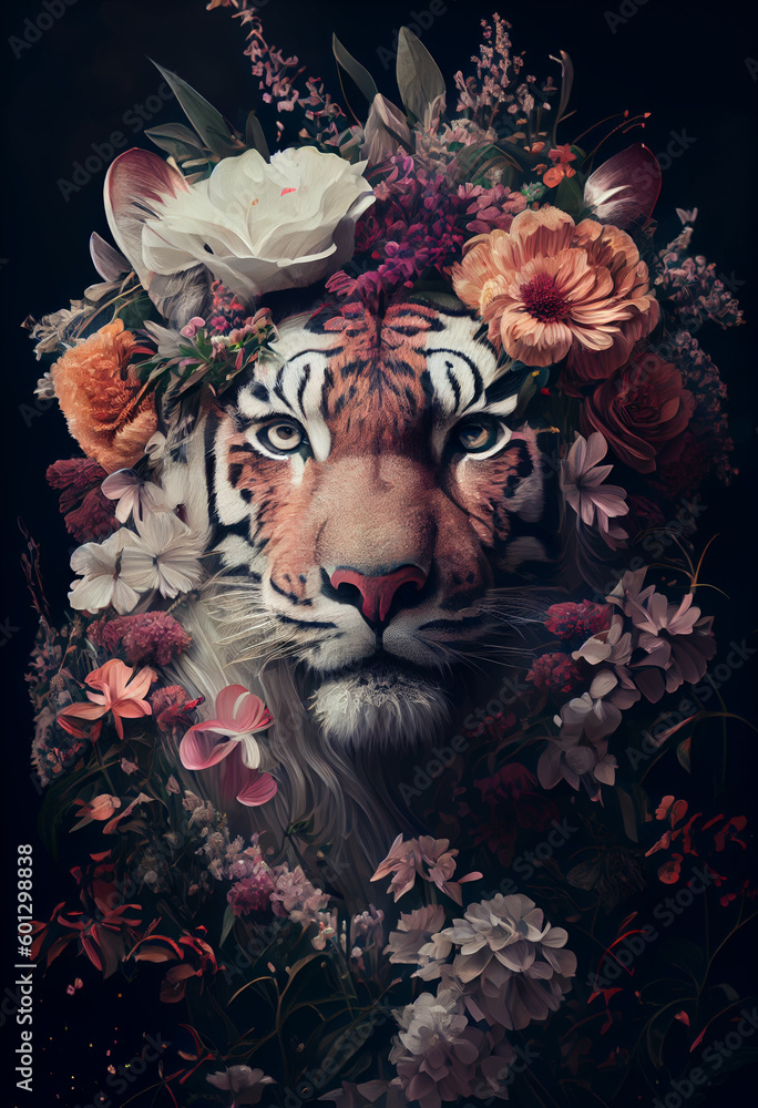 Tiger portrait with colorful flowers and leaves.  Big cat creative animal portrait. Generative Ai