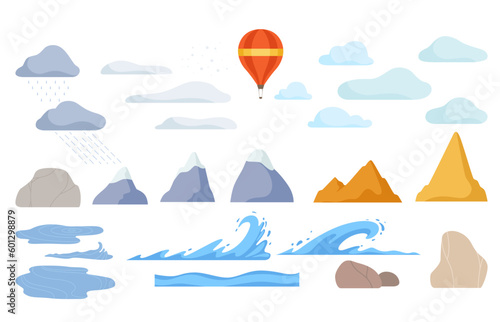 Landscape Elements with Clouds, Mountain Peaks and Water Big Vector Set