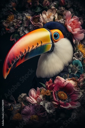 Toucan portrait with colorful flowers and leaves.  Creative bird animal portrait. Generative Ai