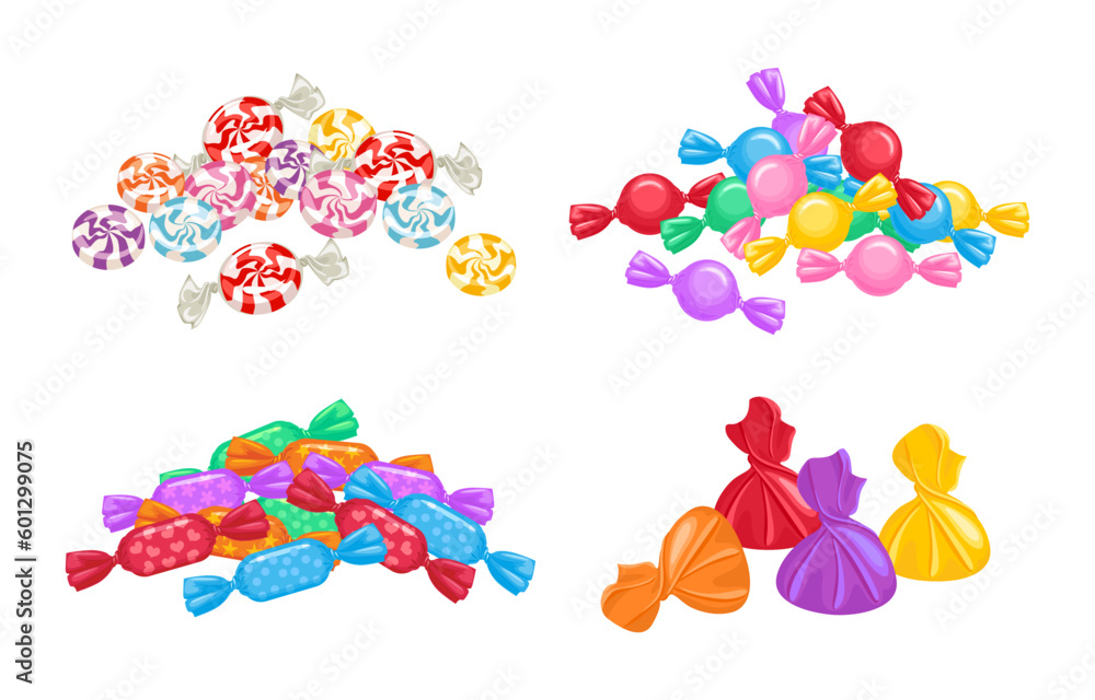 Set of heaps of candies in colorful wrappers. Vector illustration of bright sweets.
