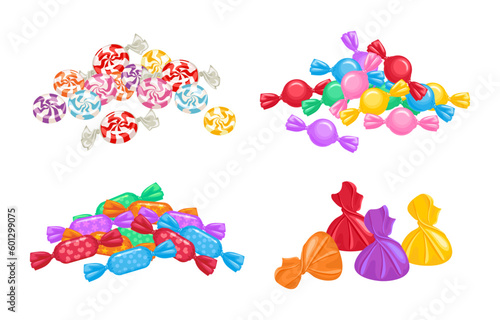Set of heaps of candies in colorful wrappers. Vector illustration of bright sweets.