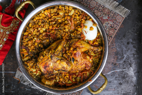 Canvas Print Arabic Meat Majboos with dal, daal, dhal, kentil and lemon served in dish isolat