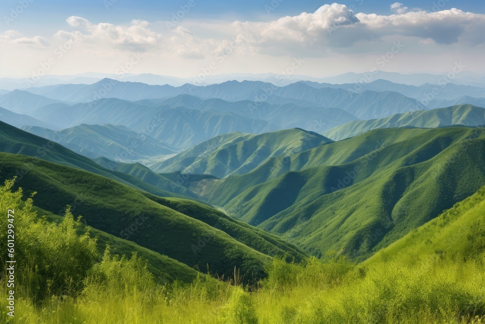 Fototapeta premium majestic mountain range, with rolling hills and valleys in the foreground, created with generative ai