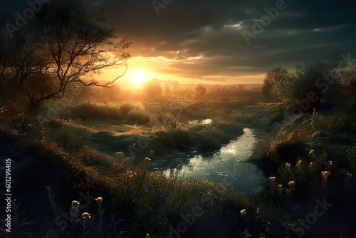 Beautiful sunset over the river, a stunning 3D rendering of sunset over the river, enhanced by Generative AI