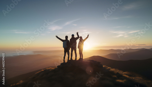 three friends celebrating success on top of a mountain. generative ai