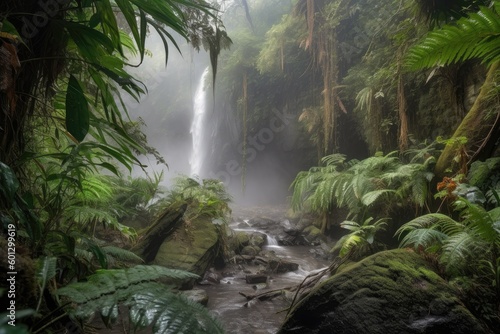 jungle waterfall, with misty spray and plant life in the background, created with generative ai © altitudevisual