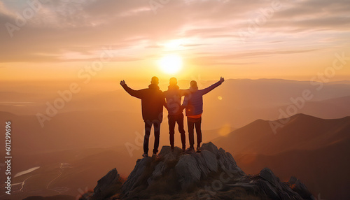 three friends celebrating success on top of a mountain. generative ai