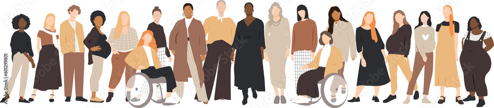 Women of different ethnicities stand side by side together. Women of different ethnicities stand side by side together.