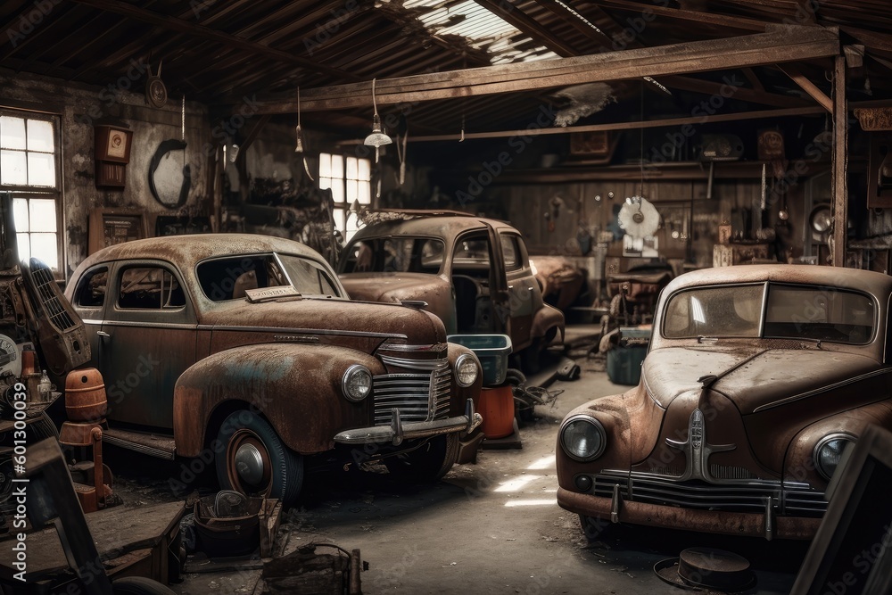 old garage with vintage cars and trucks in various states of repair, created with generative ai