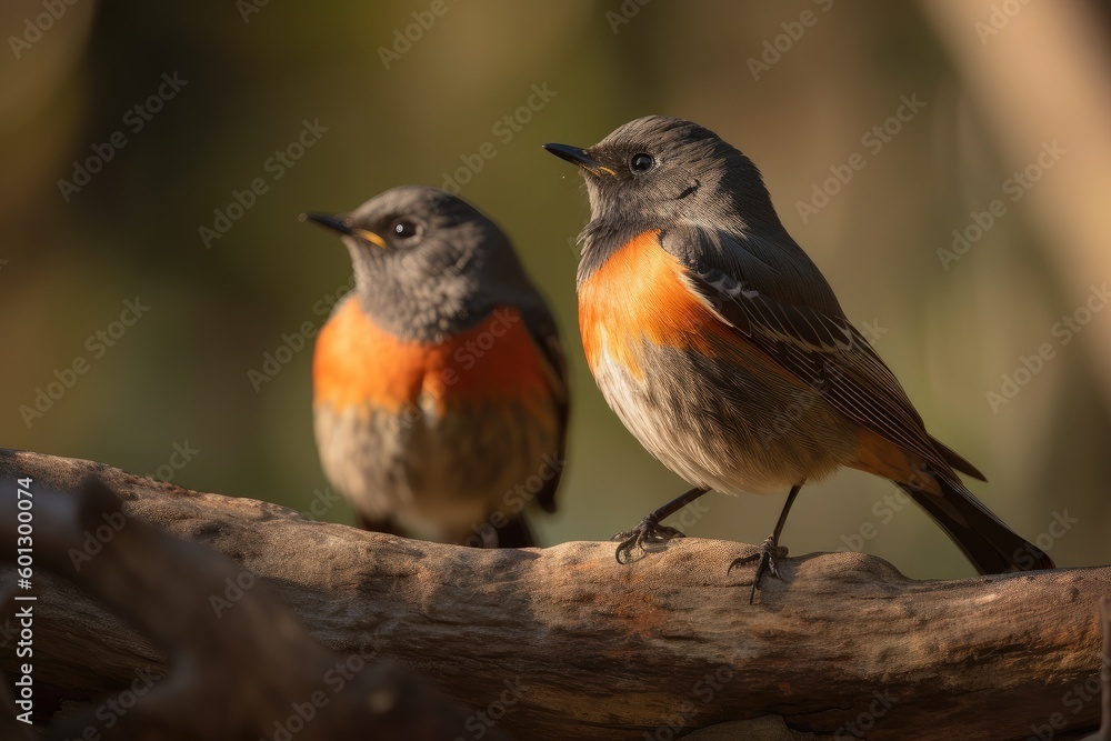 pair of male and female redstarts on branch, their vibrant colors shining, created with generative ai pair of male and female redstarts on branch, their vibrant colors shining, created with generative ai
