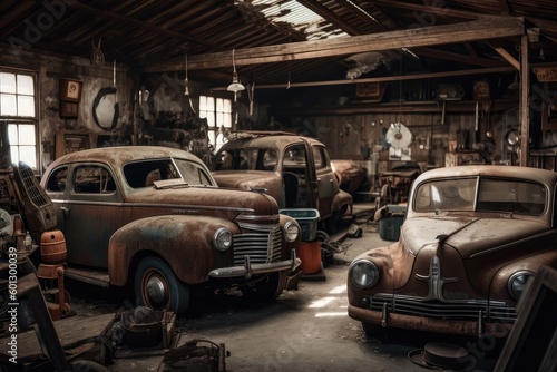 old garage with vintage cars and trucks in various states of repair, created with generative ai © altitudevisual