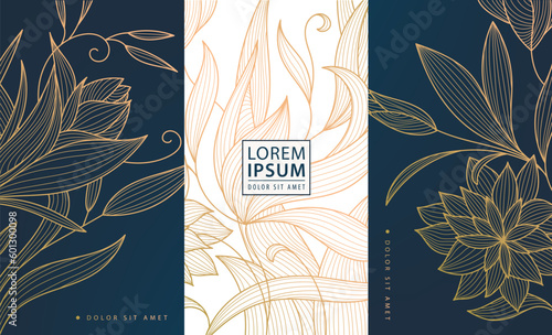 Set of vector art deco, design elements labels, frames, wedding invitations, social net stories, packaging, luxury products, perfume, soap, wine. Line golden backgrounds, floral patterns with leaves