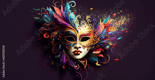 Realistic luxury carnival mask with colourful paints. Clear white background. Generative Ai