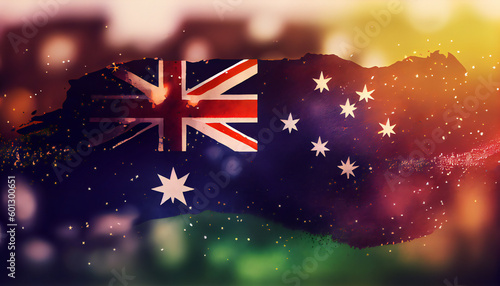 Australia, Australian flag. Hand drawn watercolour illustration with bokeh. Generative ai
