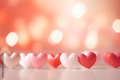 Valentine day bokeh background with hearts. Generative AI.