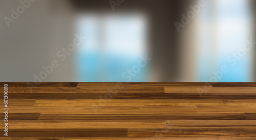 Open space office interior with like conference room. Mockup. 3D rendering., Background with empty wooden table. Flooring.