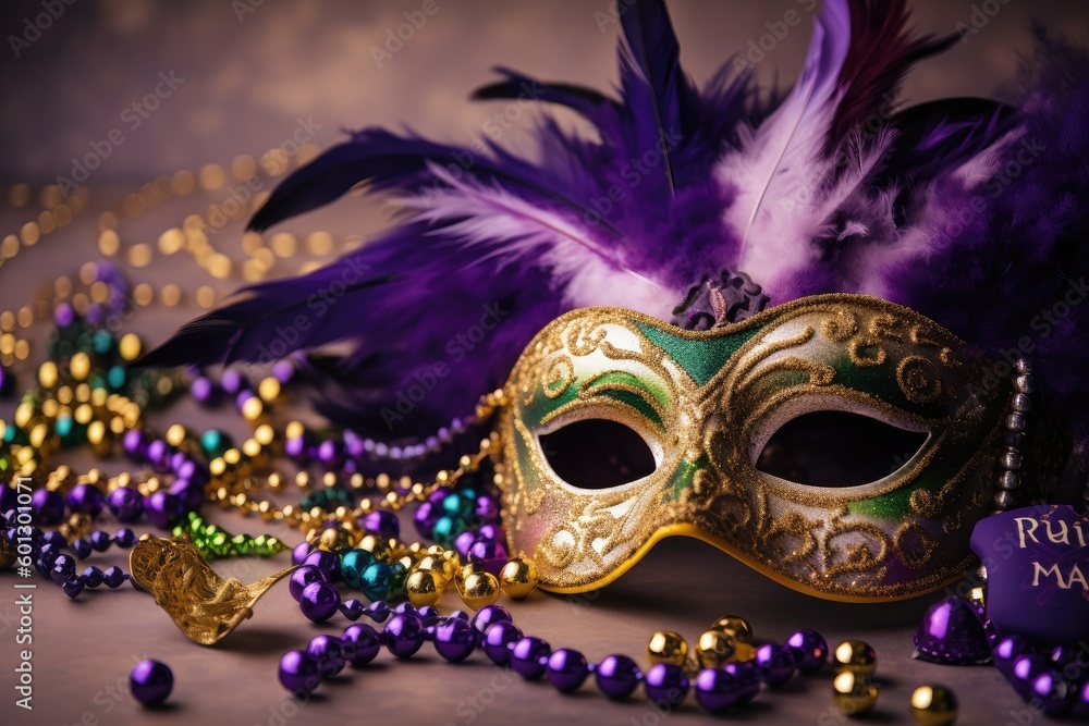 mardi gras card featuring glittering mask and beads, created with generative ai