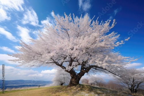 cherry blossom tree in full bloom, with view of blue sky and clouds, created with generative ai