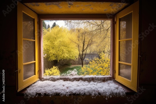 pollen-covered window, with view of the outdoors and blooming trees, created with generative ai