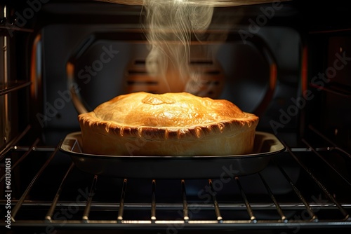 meat pie in the oven, with steam rising from the pastry, created with generative ai