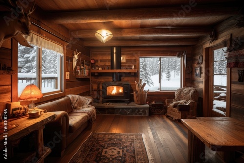 cozy cabin in the snow, with fireplace and warm decor, created with generative ai