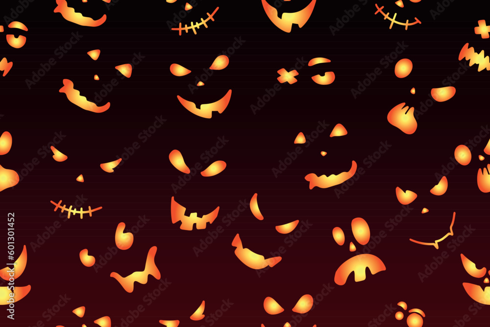 Seamless pattern with emotions halloween pumpkins on dark background. Funny faces for scrapbook digital paper, textile print, page fill. Vector illustration