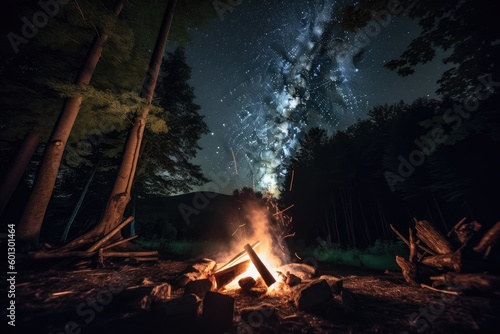 campfire burning, surrounded by the darkness of night sky, created with generative ai