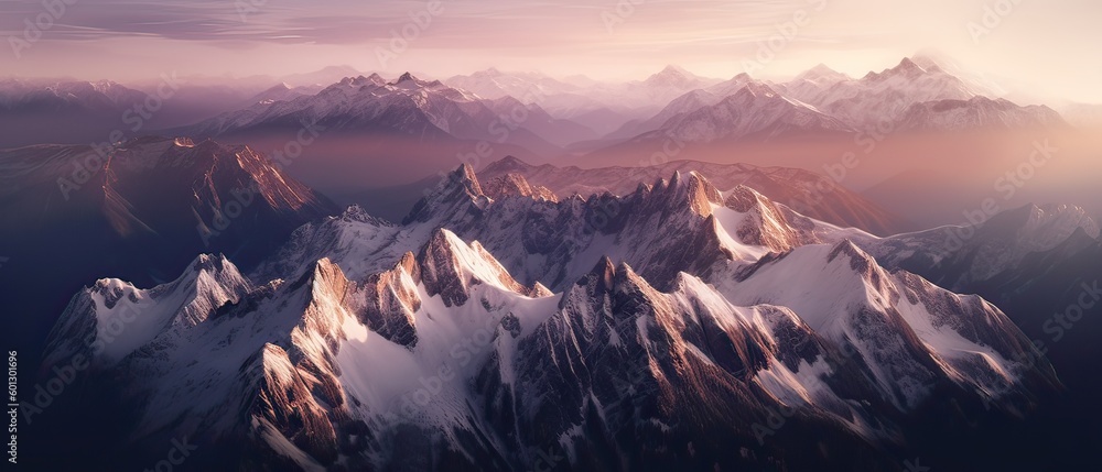 Aerial View from Airplane of Snow Covered Mountain Landscape in Winter. Colorful Pink Sky Art Render. Generative Ai.