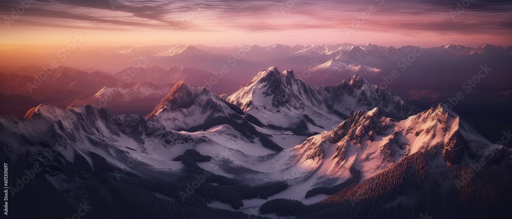 Aerial View from Airplane of Snow Covered Mountain Landscape in Winter. Colorful Pink Sky Art Render. Generative Ai.