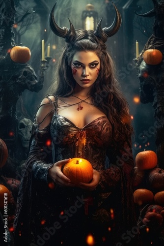 Brunette vampire woman, Halloween conception. Beautiful illustration picture. Generative AI photo