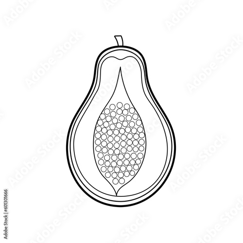 Black and white papaya isolated on white background. Linear tropical fruit for coloring book. Vector illustration