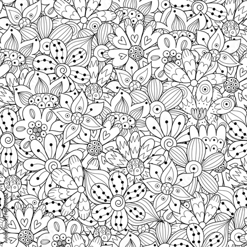 Doodle flowers black and white seamless pattern. Hand drawn floral background for coloring book. Vector illustration