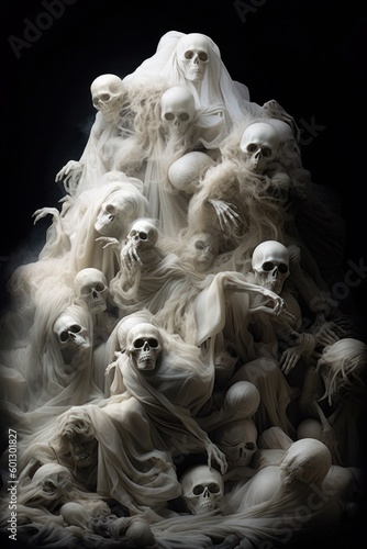 Giant pile of scary and creepy ghosts. Beautiful illustration picture. Generative AI photo