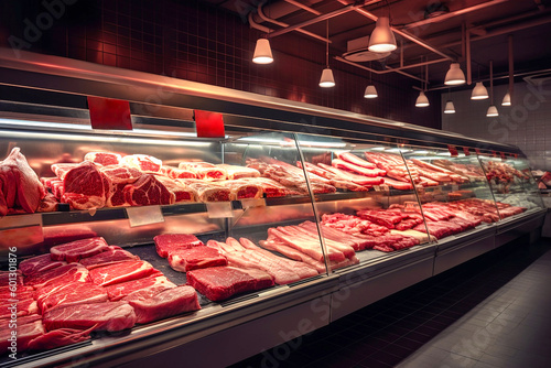 Variety of fresh raw red meat in supermarket, Different cuts of prime meat steaks, angus, T-bone, ribeye, striploin, tomahawk on display in a grocery store meat counter. generative ai