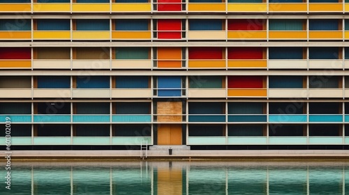 Colorful building exterior. Symmetrical minimalist poster. Beautiful illustration picture. Generative AI