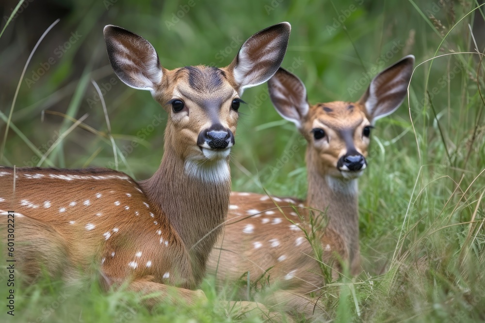 baby deer lying in grassy meadow, with its mother nearby, created with generative ai