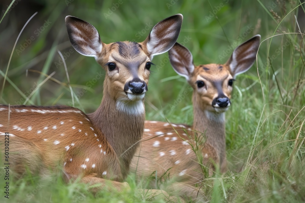 baby deer lying in grassy meadow, with its mother nearby, created with generative ai baby deer lying in grassy meadow, with its mother nearby, created with generative ai