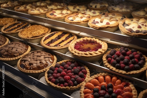 variety of fruit pies and tarts on display, in bakery case, created with generative ai