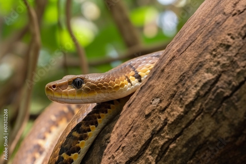 Aesculapian snake climbing on tree, Wild animal,