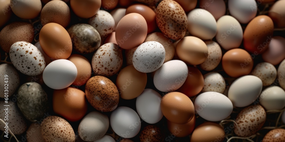 Bunch of eggs. Close up view. Beautiful illustration picture. Generative AI