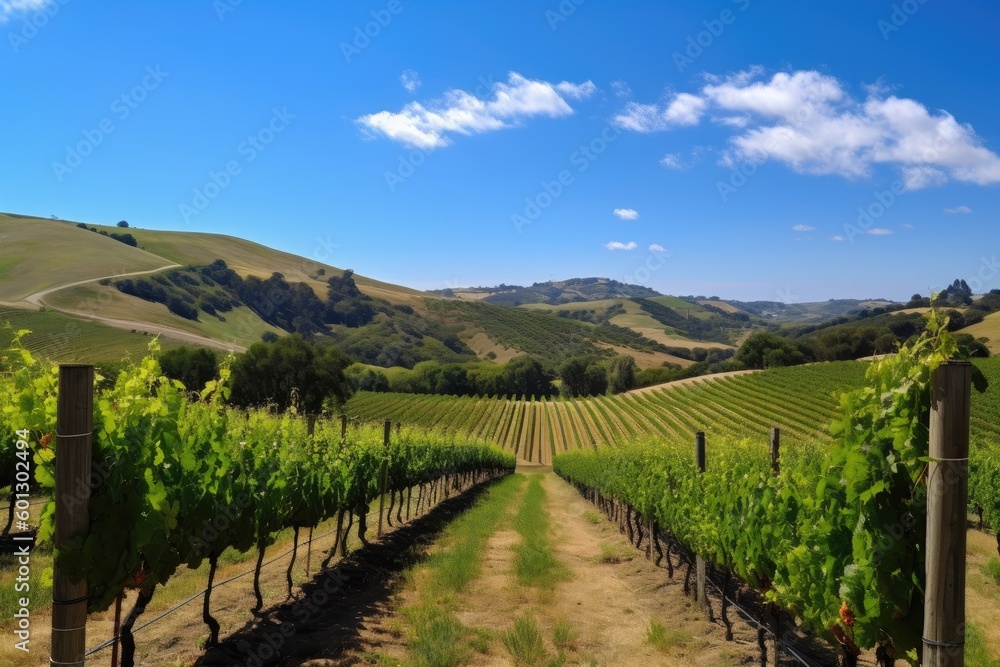 vineyard with rolling hills and a clear blue sky, created with generative ai