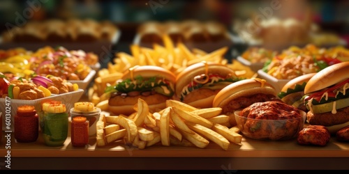 Fast food, close up view. Beautiful illustration picture. Generative AI